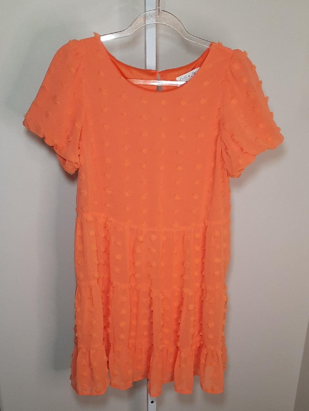 She + Sky Orange Dobby Chiffon Pom-Pom Short Sleeve Tiered Mini Dress